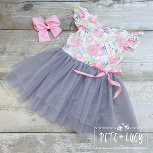 GRAY TULLE PINK FLORAL DRESS